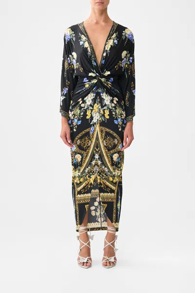 Camilla Long Split Front Twist Dress Ottoman Elegance In Black