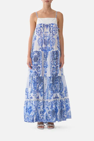 Camilla Long Tiered Dress With Bow Ties Ceramic Panoramic In Blue