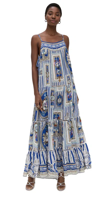 Camilla Long Tiered Dress With Bow Ties Ottoman Opulence In Blue