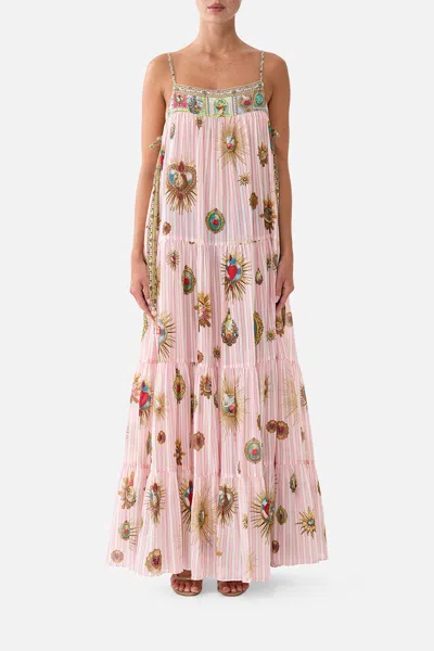 Camilla Long Tiered Dress With Bow Ties Painted Prayers In Pink