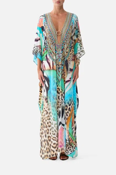 Camilla Long V Neck Kaftan W Ring Front Trim Butterfly Bohemia In Blue-green