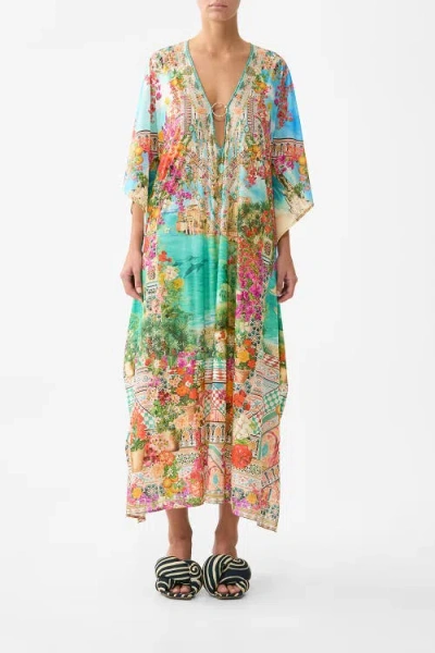 Camilla Long V Neck Kaftan W Ring Front Trim In Multi