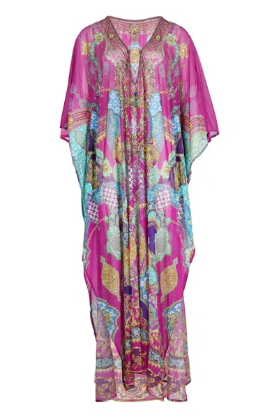 Camilla Long V Neck Kaftan With Ring Front Trim Concubines, Sultans And Courtiers In Pink