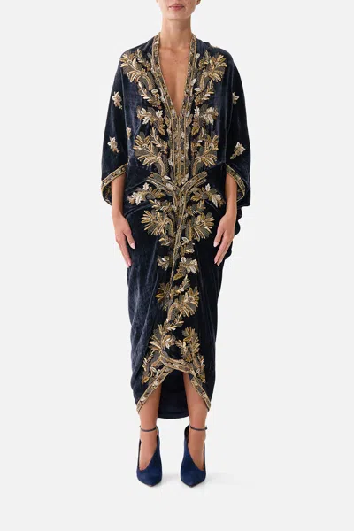 Camilla Long V Neck Kaftan With Split Front Cloaked In Baroque In Black