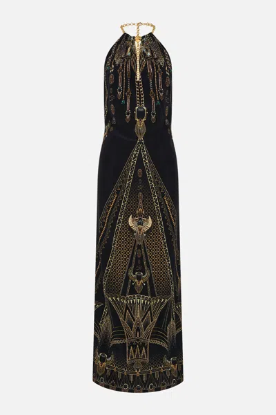 Camilla Low Back Long Dress With Neck Hardware Call Me Cleopatra In Black