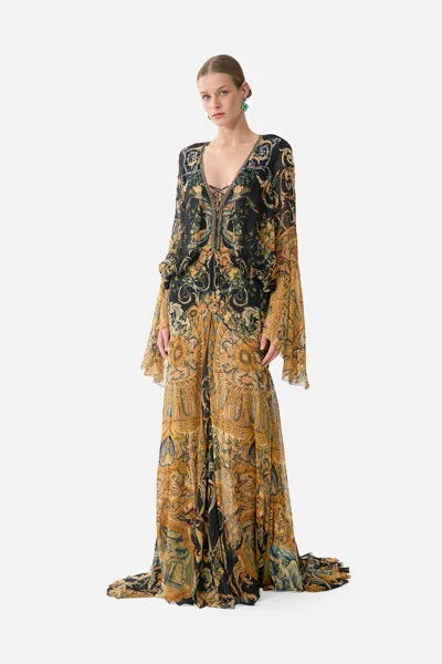 Camilla Low Cut Lace Up Front Long Dress Museum Memoirs In Neutral