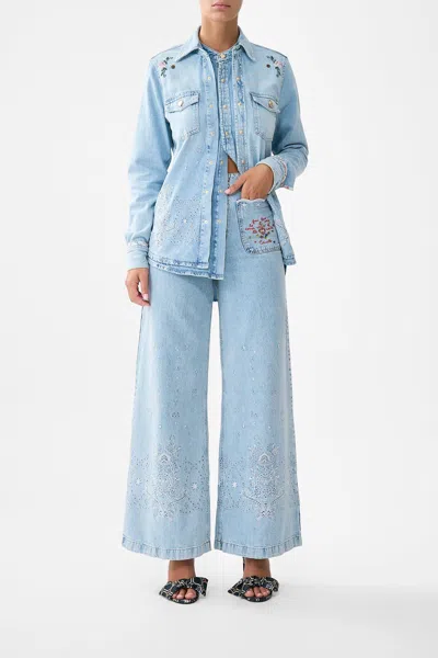 Camilla Luna Kitsch Stitch High Rise Wide Leg Jean Denim In Blue