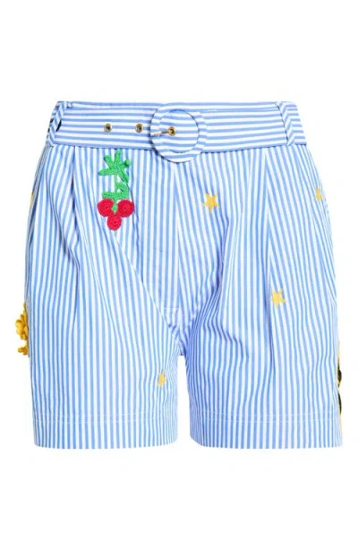 Camilla Magic Of The Mercado Crochet Embellished Stripe Cotton Shorts In Blue