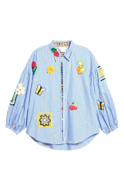 Camilla Magic Of The Mercado Stripe Balloon Sleeve Cotton Button-up Shirt In Blue