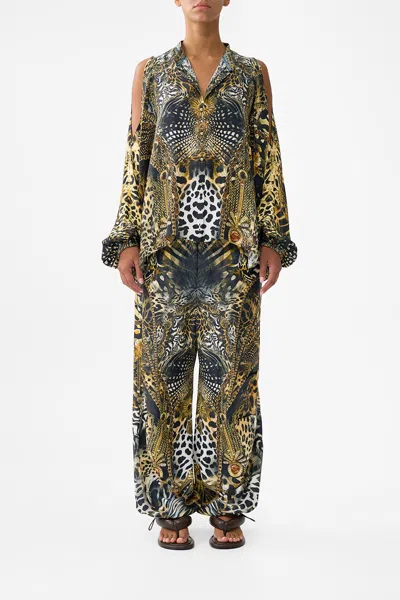 Camilla Mandarin Collar Cold Shoulder Blouse Feline Folklore In Multi