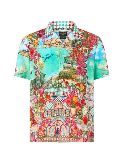 Camilla Meet Me In Mallorca Graphic-print Camp-collar Shirt In Blue