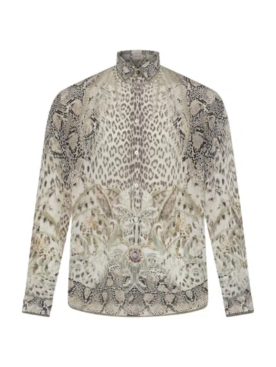 Camilla Men's Animal-print Silk Button-front Shirt In Gray