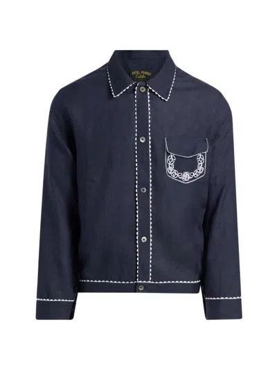 Camilla Men's Linen Cropped Blouson Jacket In Blue