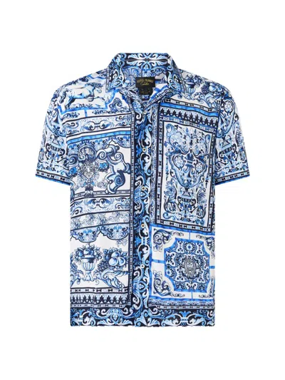 Camilla Men's Printed Short-sleeve Camp Collar Shirt In Blue