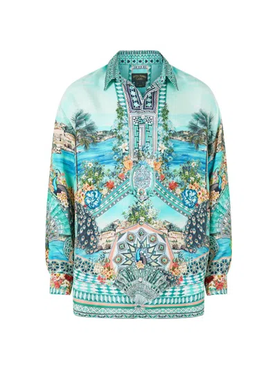 Camilla Men's Printed Silk Oversized Shirt In Blue