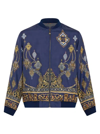 Camilla Men's The Imperial Gate Silk Reversible Bomber Jacket In Blue