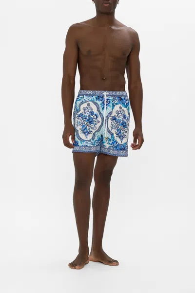 Camilla Mid Length Boardshort With Elastic Waist A Ceramic Garden In Blue