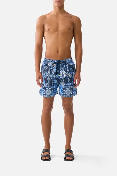 Camilla Mid Length Boardshort With Elastic Waist A Tiled Wonderland In Blue