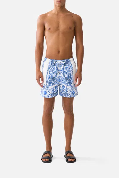 Camilla Mid Length Boardshort With Elastic Waist Ceramic Panoramic In White