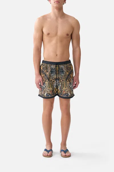 Camilla Mid Length Boardshort With Elastic Waist Feline Folklore In Black