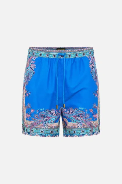 Camilla Mid Length Boardshort With Elastic Waist Footsteps In Folklore In Blue