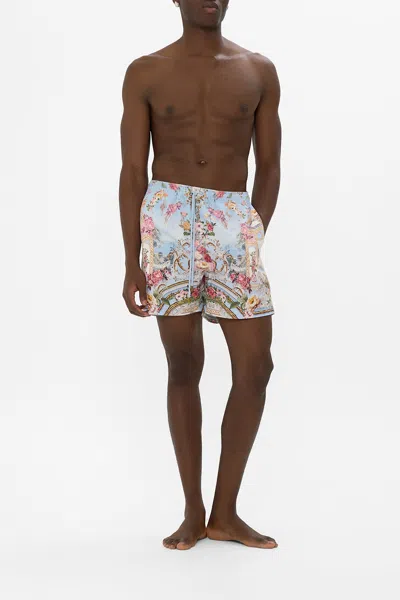 Camilla Mid Length Boardshort With Elastic Waist Tiled In Time In Multi