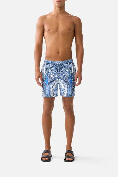 Camilla Mid Length Boardshort With Fixed Waist A Tiled Wonderland In Blue
