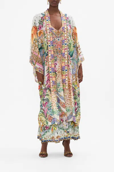 Camilla Mid Length Kimono Layer W Collar Flowers Of Neptune In Green/