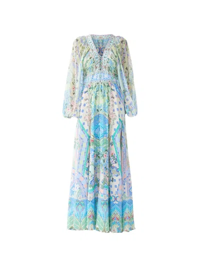 Camilla Lace Up Front Long Dress Midsummer Mosaics In Blue