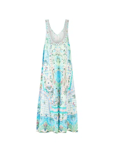 Camilla V Neck Pocket Dress With Low Back Midsummer Mosaics In Blue