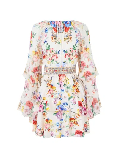 Camilla Mini Ruffled-sleeve Floral Dress In White