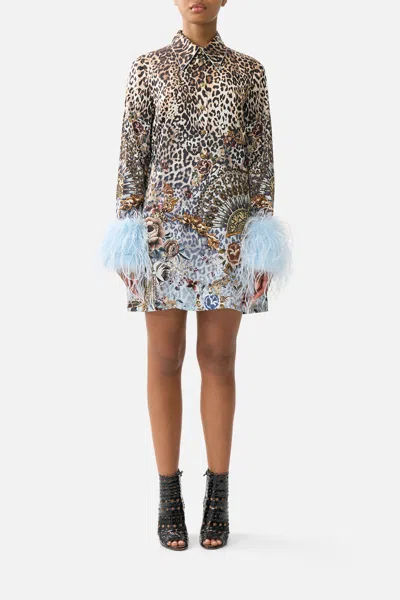 Camilla Mini Shirt Dress With Feathers Fiesta In Animal Print