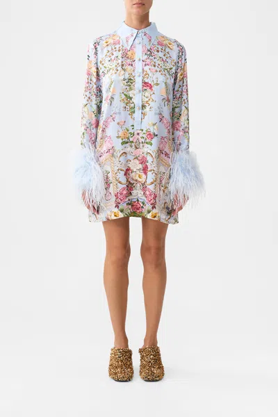 Camilla Mini Shirt Dress With Feathers Tiled In Time In Purple