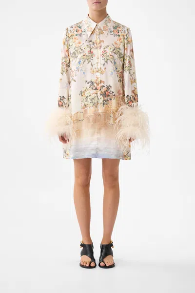 Camilla Mini Shirt Dress With Feathers Twilight In Istanbul In White