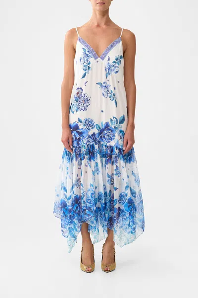 Camilla Minimal Slip With Pleated Chiffon Skirt A Ceramic Garden In Multi