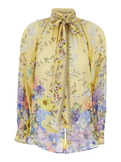 Camilla Multicolor Blouse With Removable Pussybow Collar And All-over Floral Motif In Silk Woman