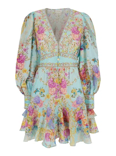 Camilla Multicolor Dress With All-over Print And Puffed Long Sleeves In Linen Blend Woman In Blue