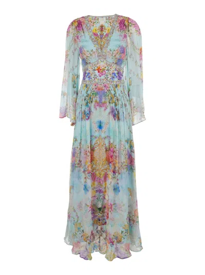 Camilla Multicolor Long Dress With V Neck And All-over Floral Print In Silk Woman In Blue