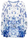 Camilla Printed Tie-neck Silk Blouse In White
