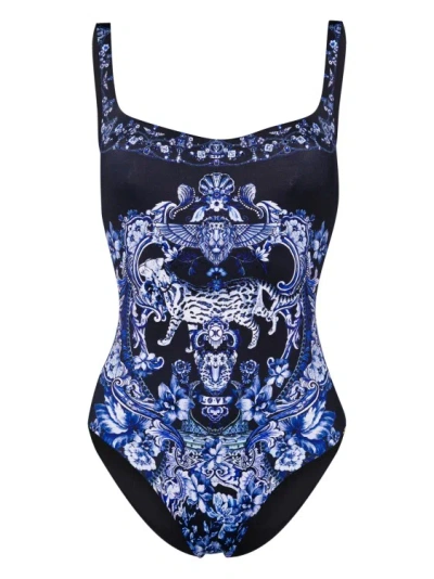 Camilla Navy Blue Delft Dynasty Swimsuit In Gray