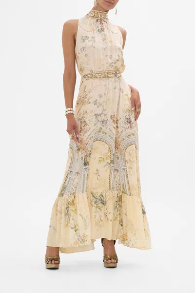 Camilla Necktie Dress With Elasticated Waist Adorned In Antiquity In Neutral