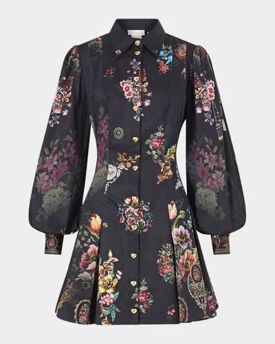 Camilla Night Garden Mini Shirtdress In Black