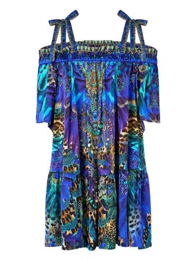 Camilla Off Shoulder Frill Dress In Blue