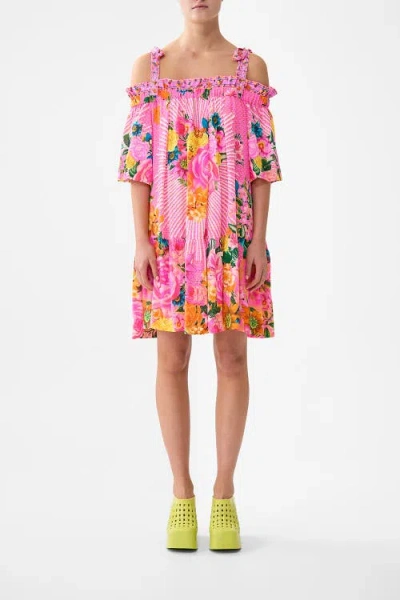Camilla Off Shoulder Frill Dress With Straps In Multi