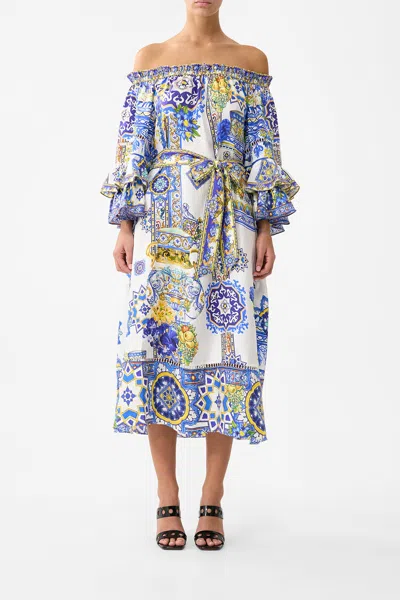 Camilla Off Shoulder Midi Dress With Frill Sleeve España Nirvana In Multi