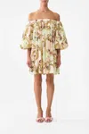 Camilla Off Shoulder Puff Mini Dress In The Queen's Quarters In Neutral