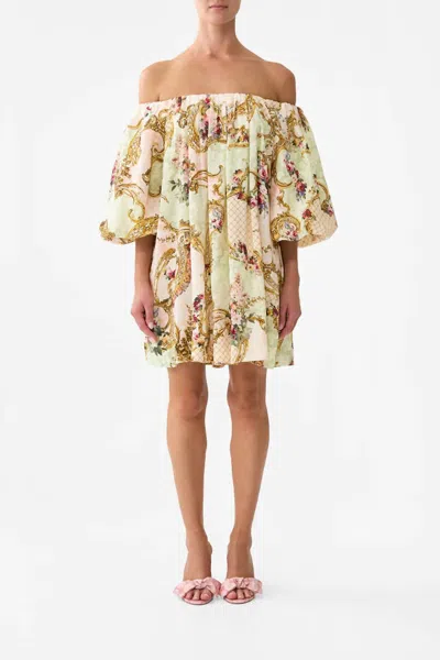 Camilla Off Shoulder Puff Mini Dress In The Queen's Quarters In Neutral