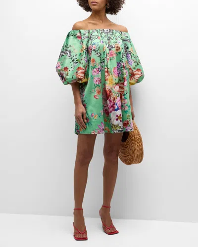 Camilla Off-shoulder Puff-sleeve Floral Mini Dress In Porcelain Dream
