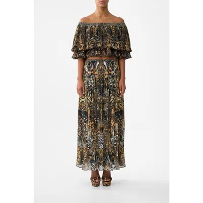 Camilla Off Shoulder Short Sleeve Pleated Top Feline Folklore In Multi