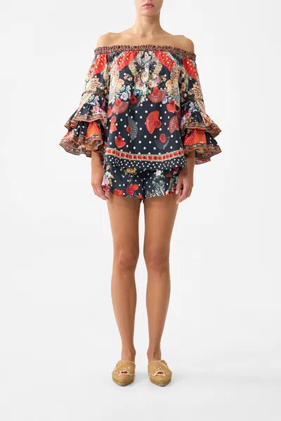 Camilla Off Shoulder Top With Frill Sleeve Daughters Of Duende In Black
